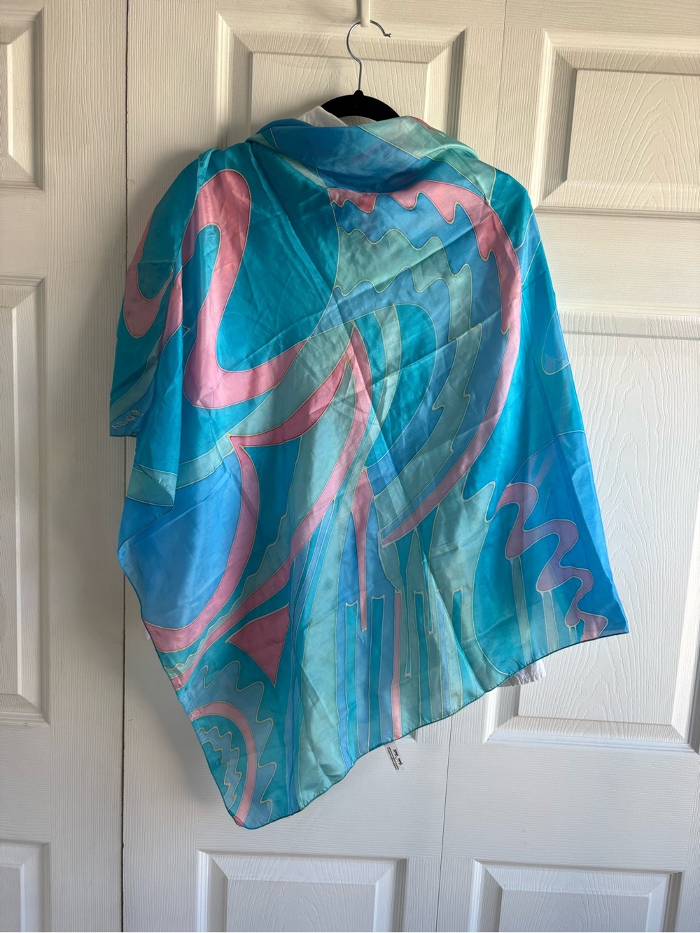 Jane Hall Blue Pink Marble Swirl Wave Abstract 6P‎ Pongee Silk Scarf Fluid Art